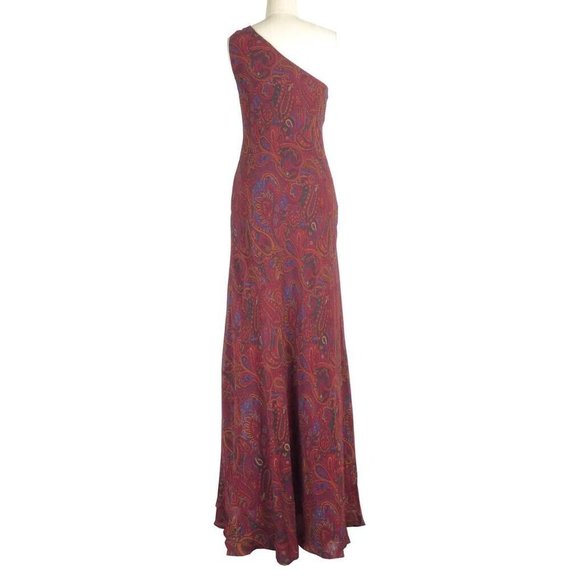 Vintage 90s Lauren Ralph Lauren Burgundy Paisley Silk Chiffon One Shoulder Gown - Picture 2 of 8